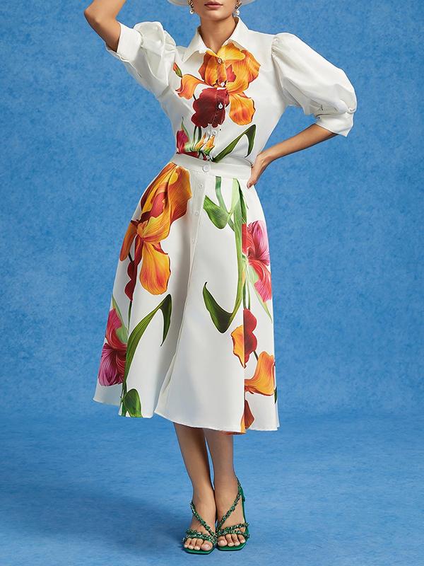 Loose Puff Sleeves Floral Printed Pleated Split-Joint Lapel Blouses&Shirts Tops Product Image