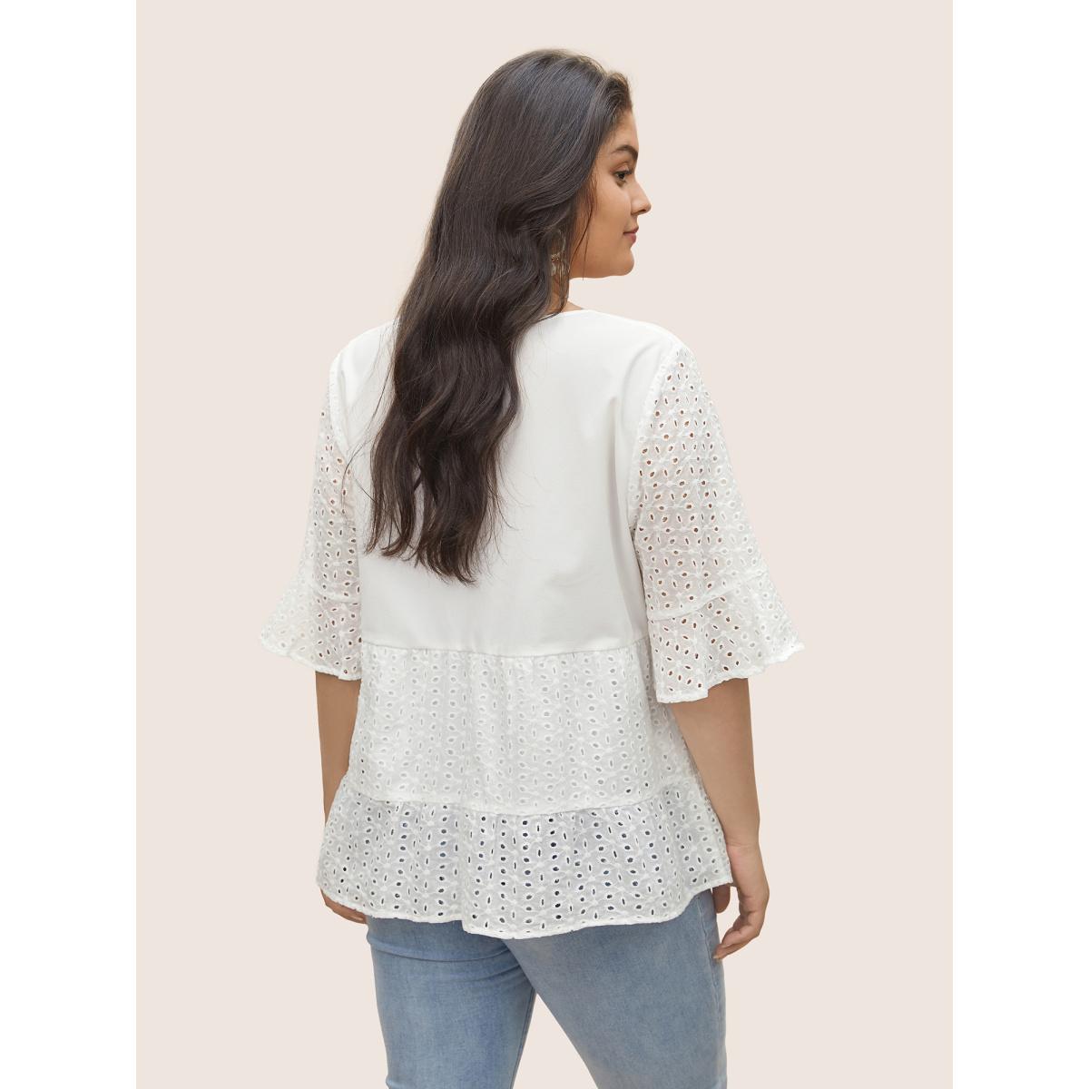 Plus Size White Broderie Anglaise Patchwork Flutter Sleeve Blouse Women Resort Half Sleeve Round Neck Vacation Blouses BloomChic 14-16/1X Product Image