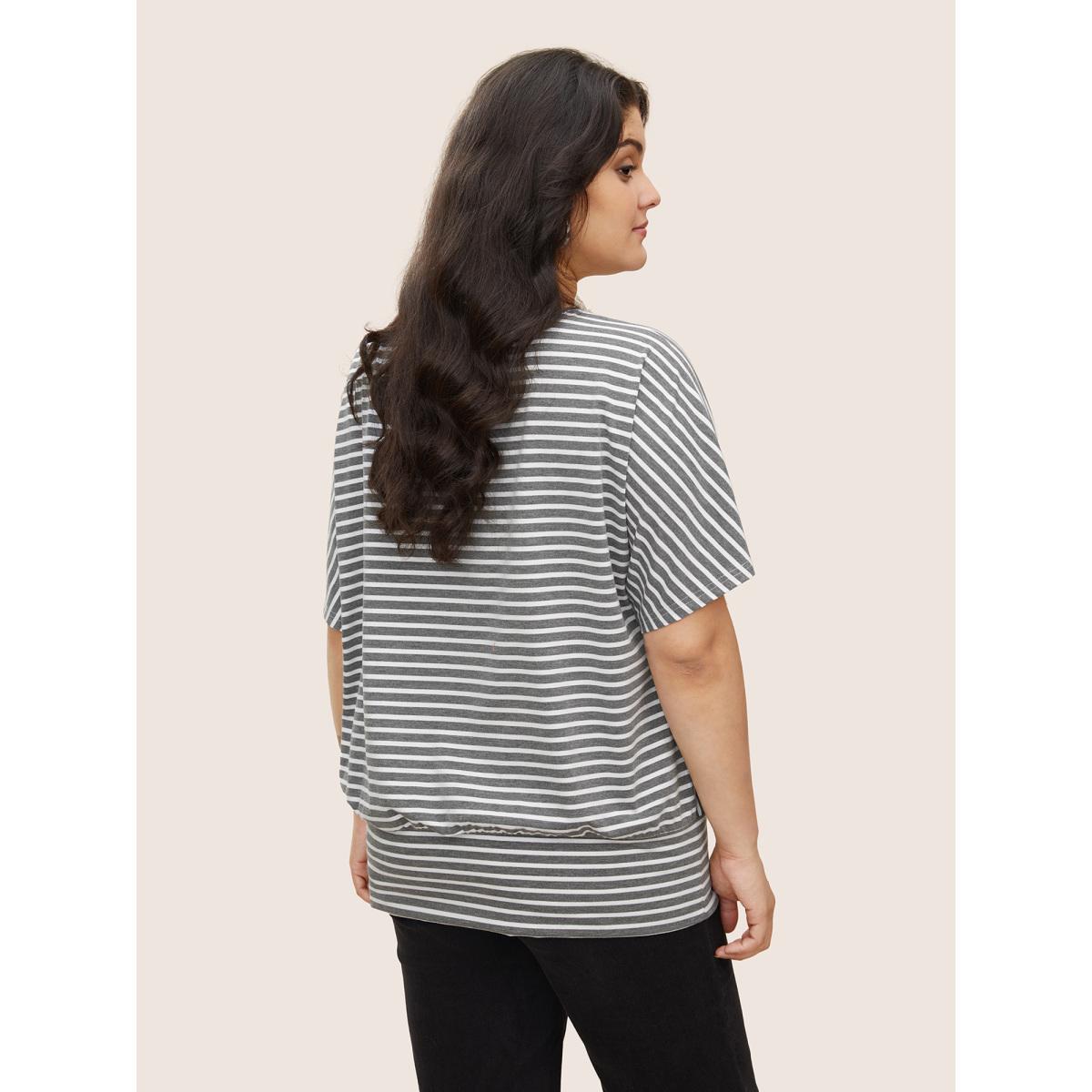 Plus Size Stripes Round Neck Dolman Sleeve T-shirt Gray Women Casual Contrast Round Neck Everyday T-shirts BloomChic 22-24/3X Product Image