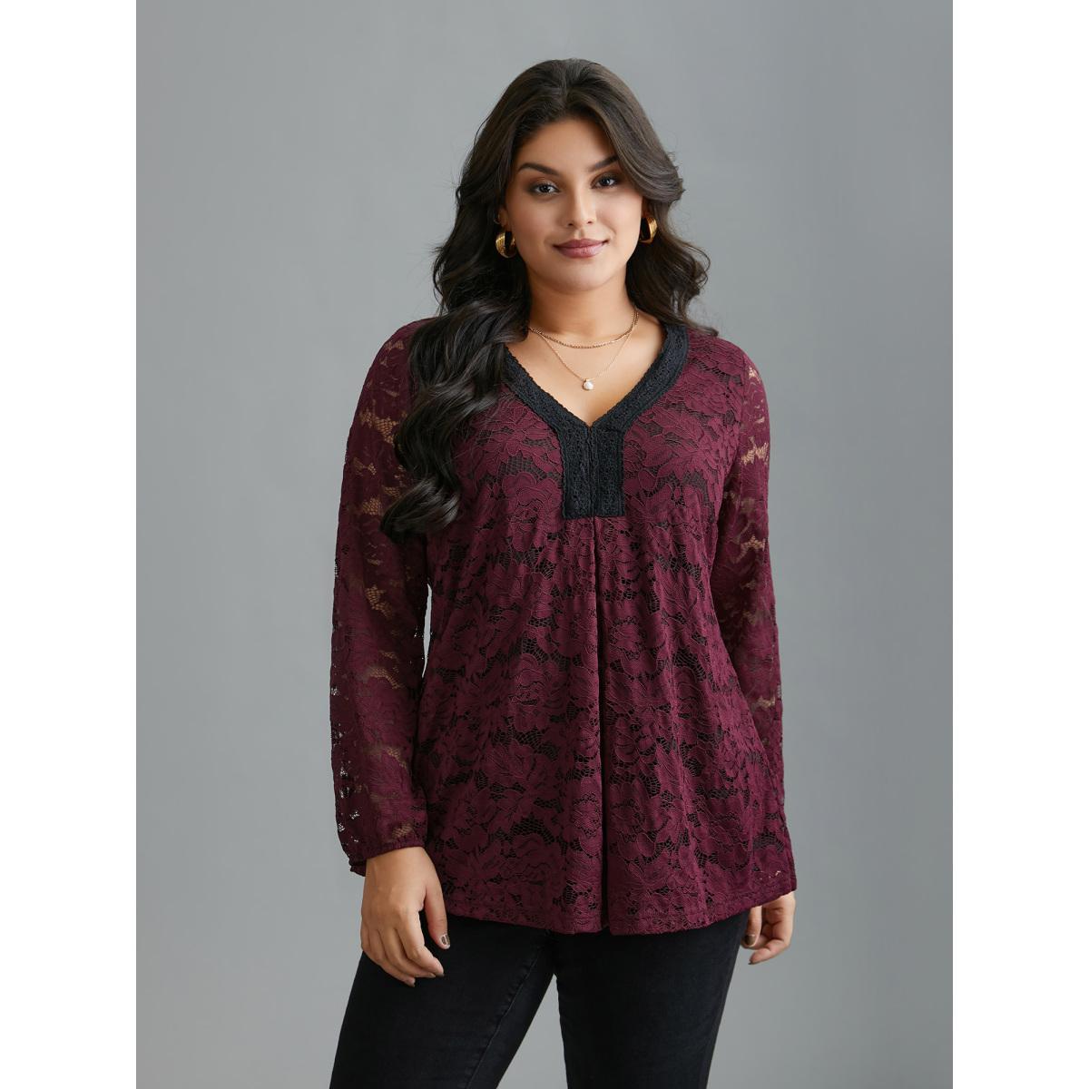 Plus Size Scarlet Sheer Lace Sleeve Pleated Slim-Fit Blouse Women Elegant Long Sleeve V-neck Everyday Blouses BloomChic 26/4X Product Image