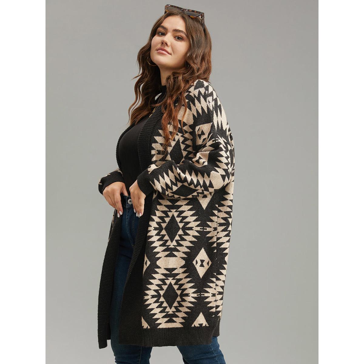 Plus Size Anti-Pilling Supersoft Essentials Geo Lapel Collar Cardigan Black Women Casual Loose Long Sleeve Everyday Cardigans BloomChic 14-16/1X Product Image