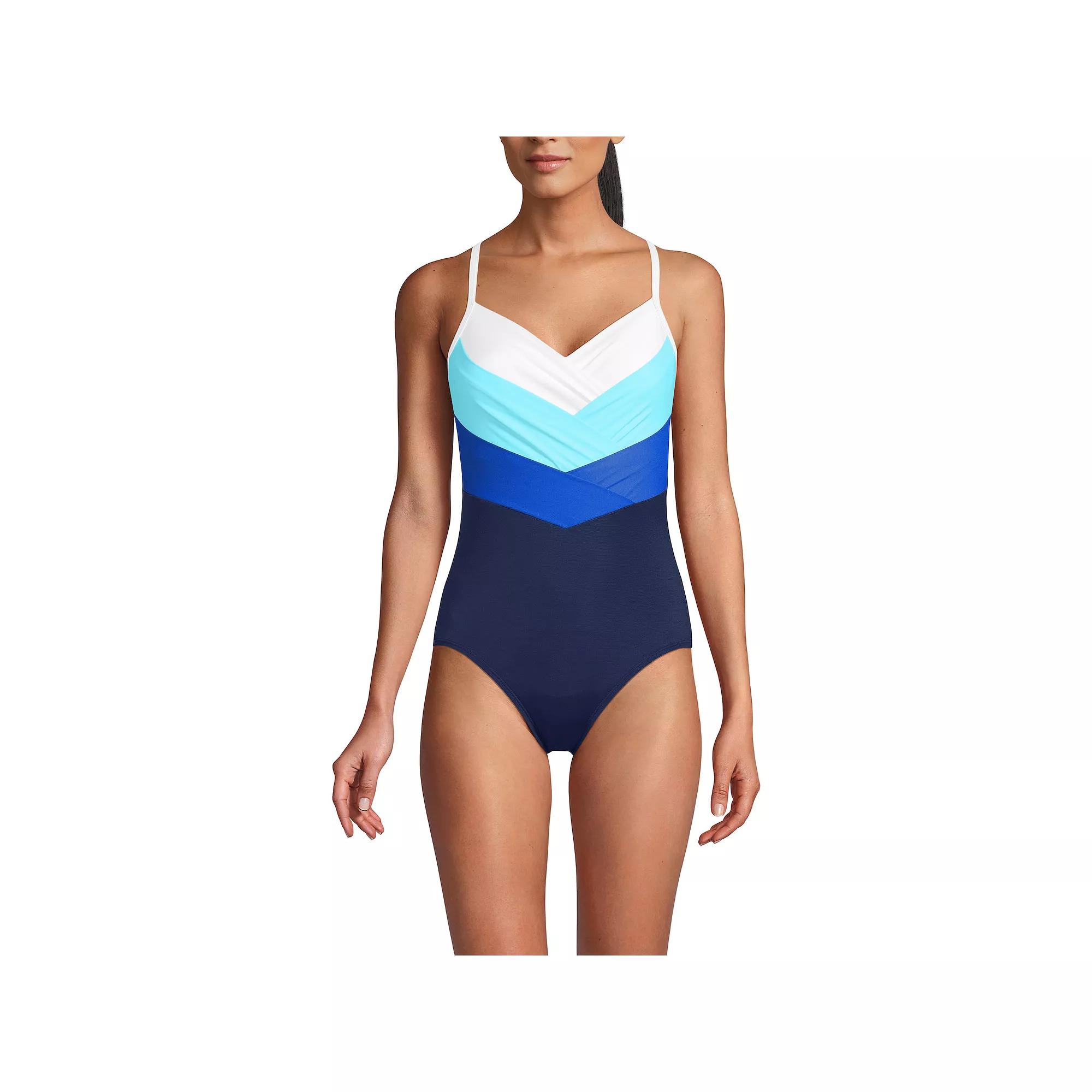 Women's Lands' End Slendertex V-Neck Pleated Crossback One-Piece Swimsuit, Size: 16, Navy Blue White Product Image