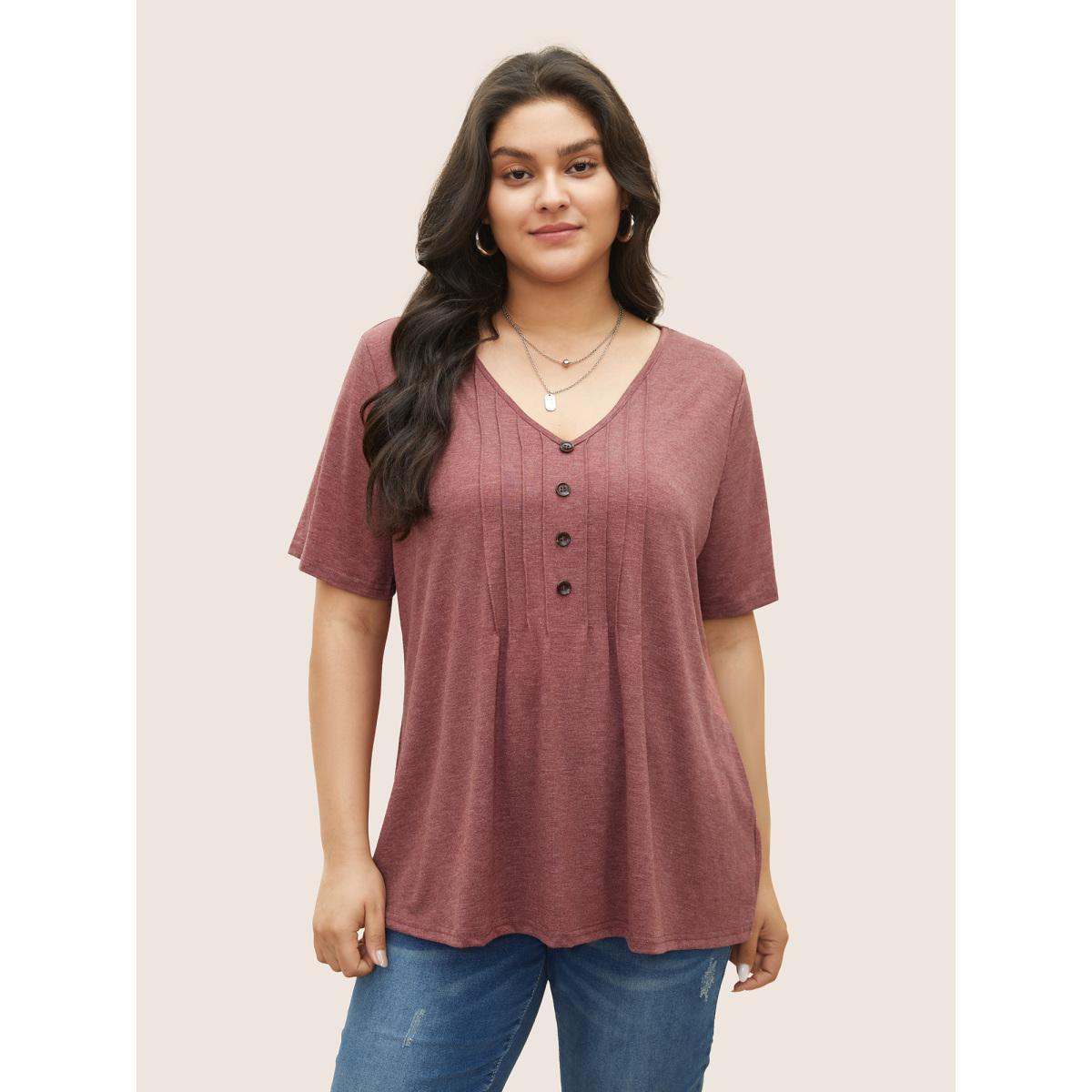 Plus Size Solid Pleated Front Button Detail V Neck T-shirt Russet Women Casual Button Plain Everyday T-shirts BloomChic 14-16/1X Product Image