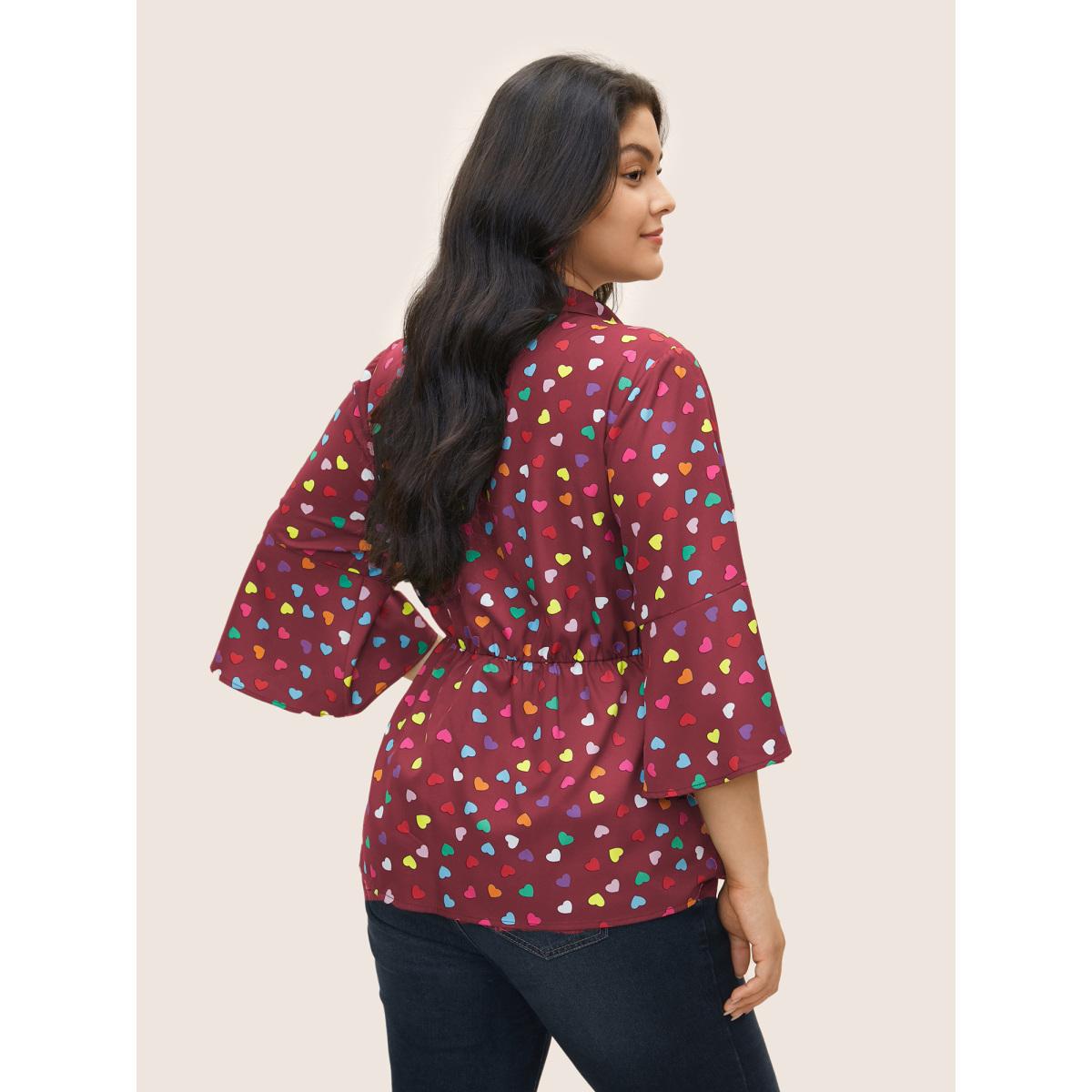 Plus Size Scarlet Colour Heart Print Bell Sleeve Blouse Women Elegant Elbow-length sleeve Shirt collar Everyday Blouses BloomChic 14-16/1X Product Image