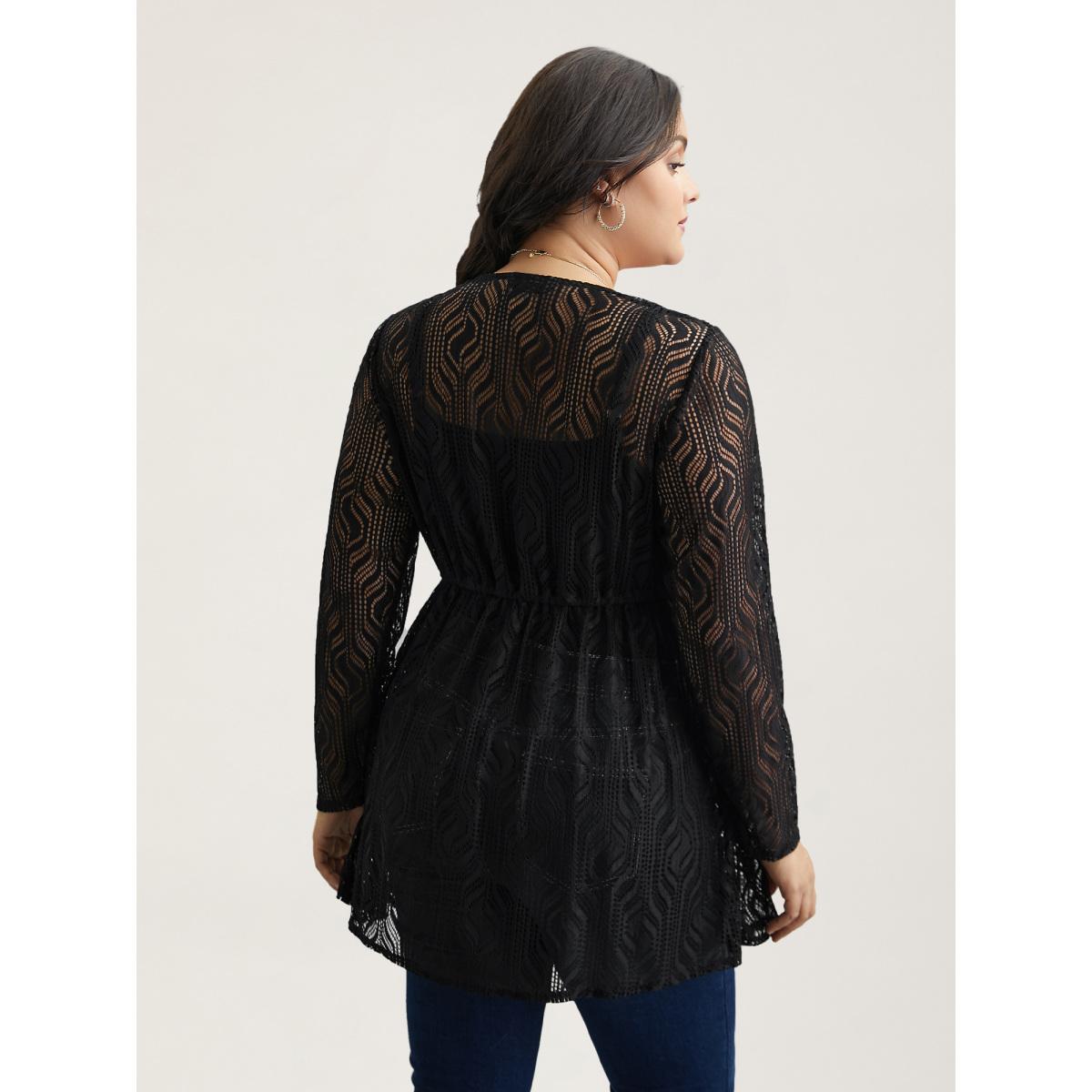 Plus Size Textured Sheer Drawstring Curved Kimono Women Black Elegant Texture Everyday Kimonos BloomChic 26/4X Product Image