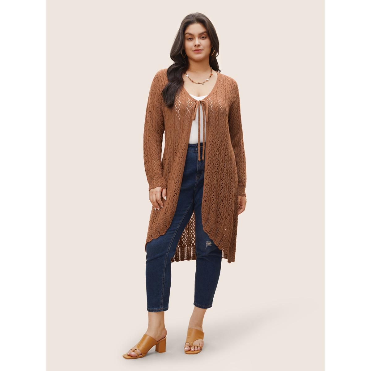 Plus Size Plain Ties Arc Hem Hollow Out Cardigan Chocolate Women Elegant Long Sleeve Everyday Cardigans BloomChic 12/L Product Image