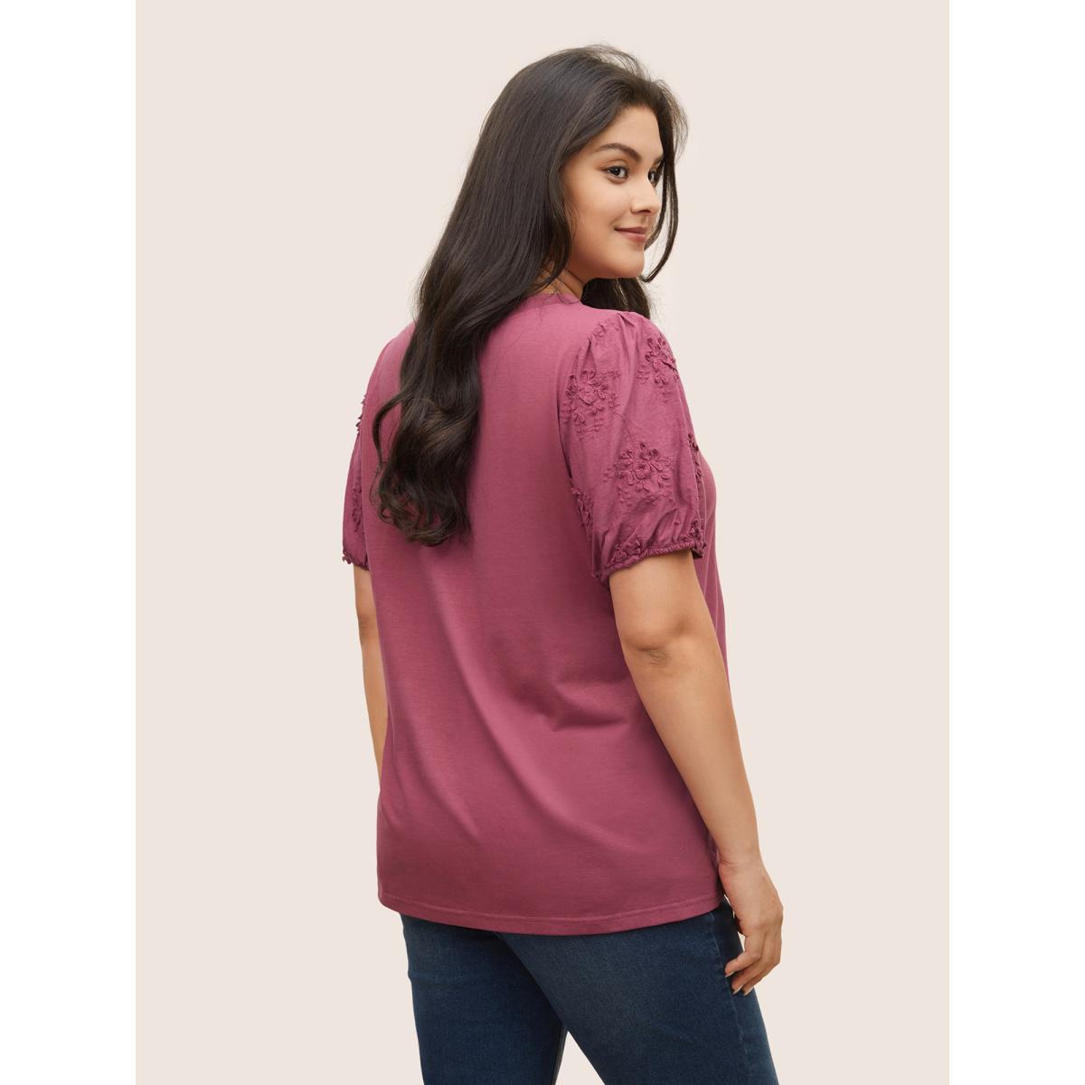 Plus Size Solid Stereo Flower Design Puff Sleeve T-shirt DustyPink Women Elegant Non Plain Round Neck Everyday T-shirts BloomChic 12/L Product Image