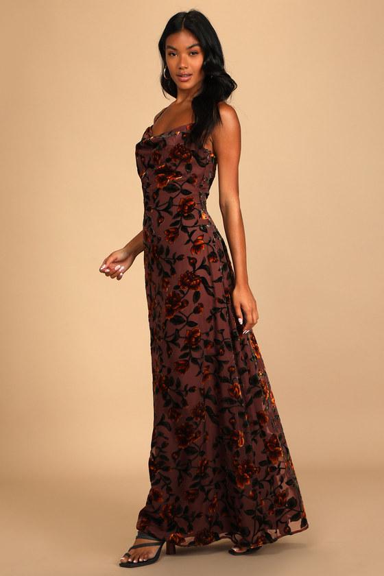 Romance in the Making Plum Purple Floral Print Velvet Maxi Dress Product Image
