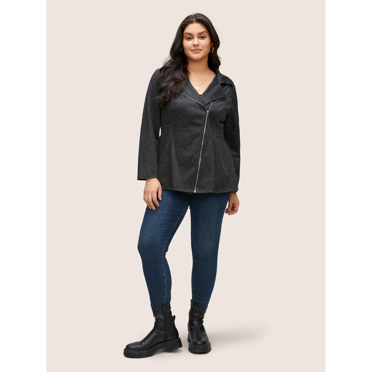 Plus Size Texture Patchwork Rib Knit Zipper Jacket Women DarkGray Non Side seam pocket Everyday Jackets BloomChic 22-24/3X Product Image