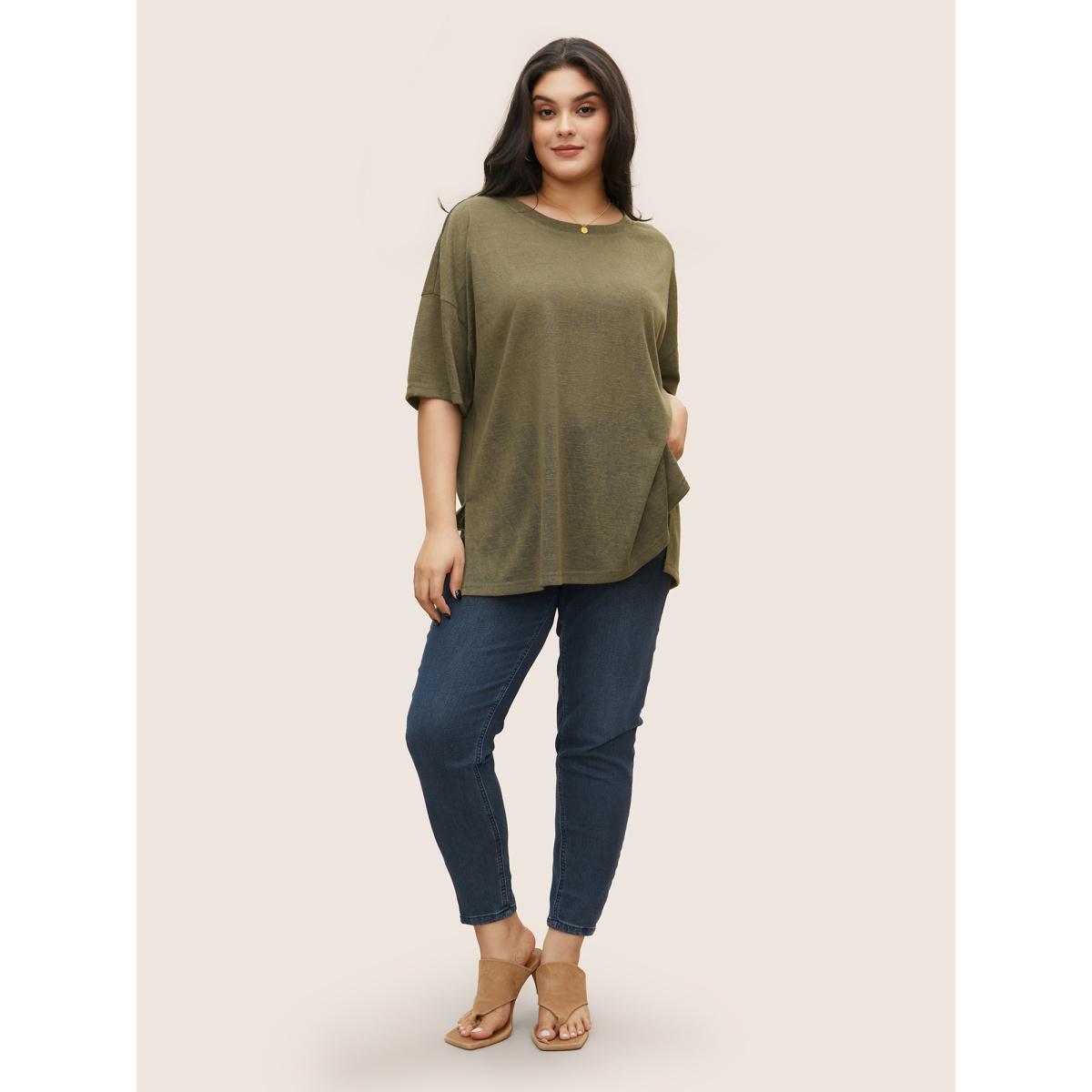 Plus Size Solid Drop Shoulder Split Hem T-shirt ArmyGreen Women Casual Non Plain Round Neck Everyday T-shirts BloomChic 14-16/1X Product Image