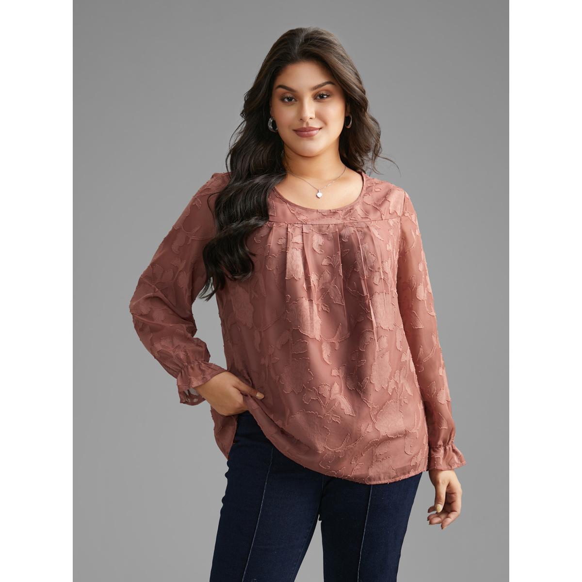 Plus Size Rouge Silhouette Floral Textured Lantern Sleeve Blouse Women Elegant Long Sleeve Round Neck Everyday Blouses BloomChic 28/5X Product Image