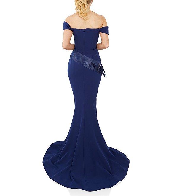 Terani Couture Stretch Satin Off-the-Shoulder Cap Sleeve Sash Gown Product Image