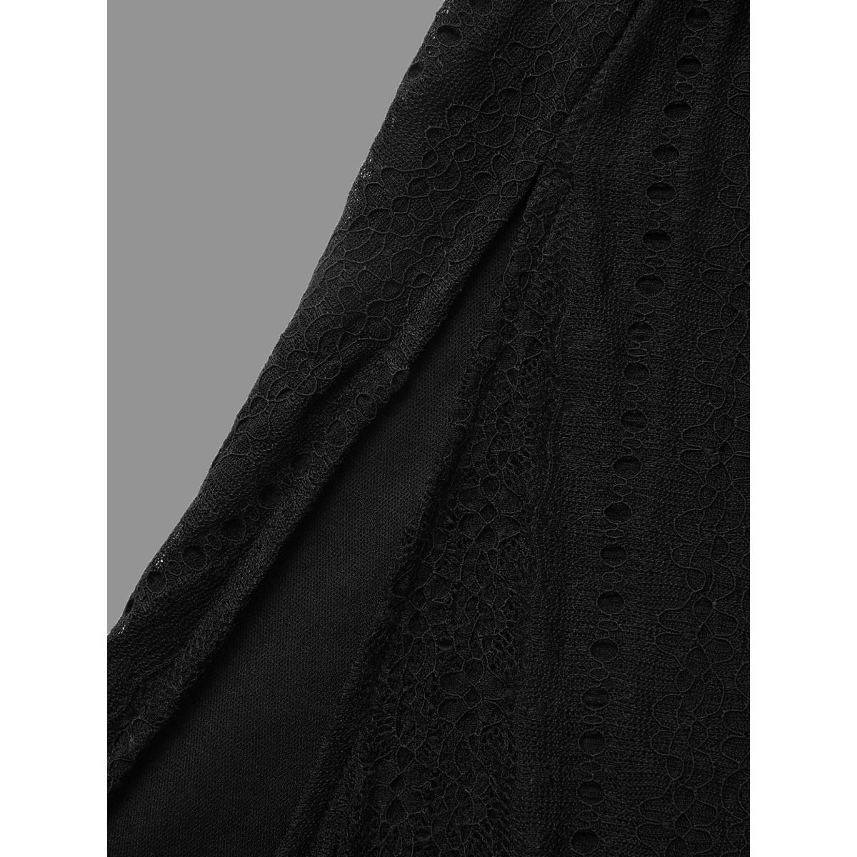 Plus Size Lace Panel Square Neck Tie Knot Dress Black Women Elegant Tie knot Square Neck Long Sleeve Curvy BloomChic 12/L Product Image