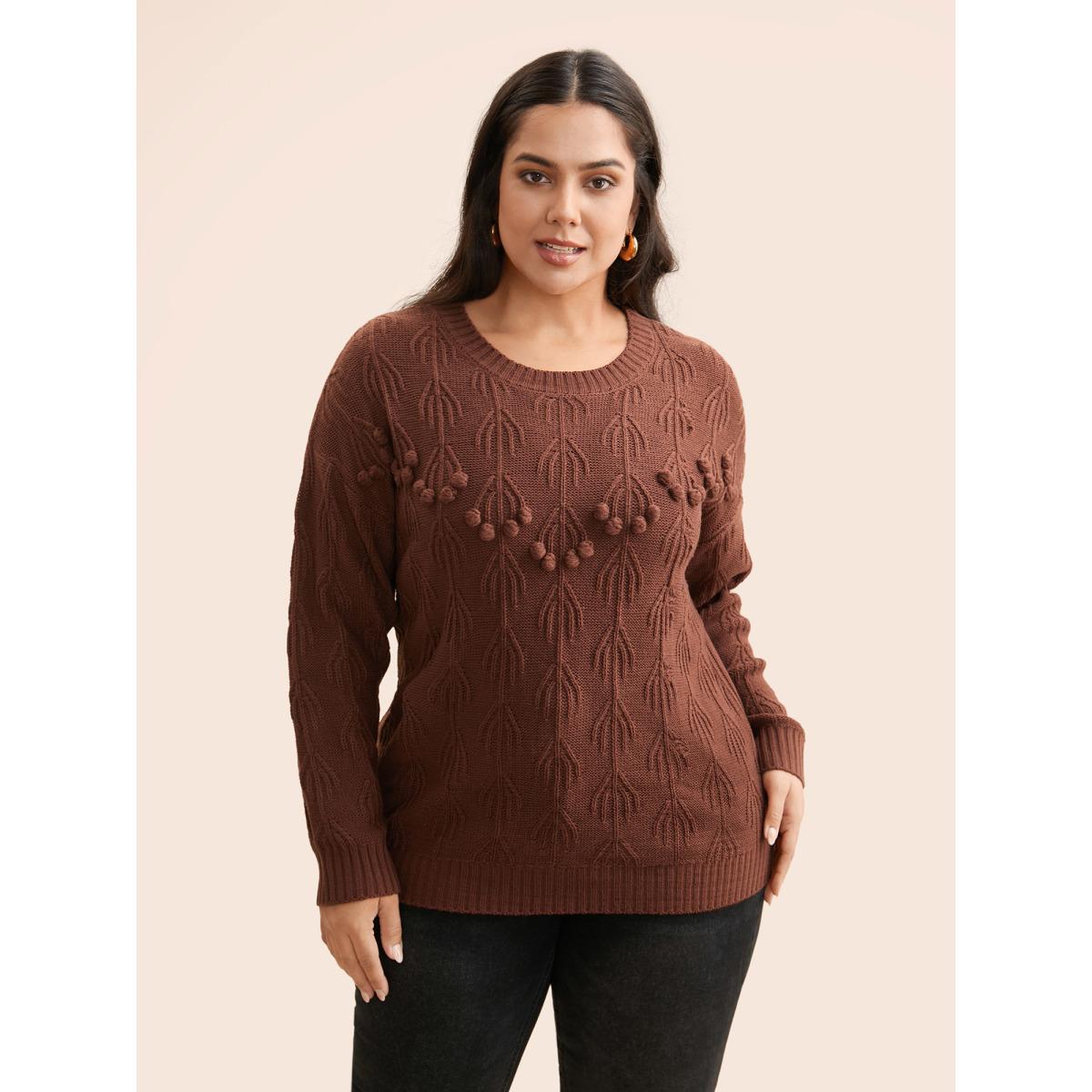 Plus Size Crochet Floral Drop Shoulder Sleeve Pullover DarkBrown Women Casual Long Sleeve Round Neck Everyday Pullovers BloomChic 10/M Product Image