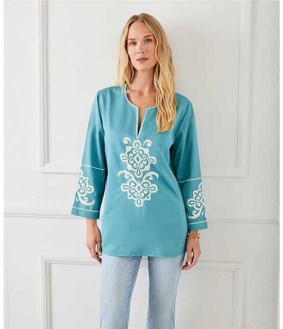 Karen Kane Embroidered Split V-Neck 3/4 Sleeve Tunic Product Image