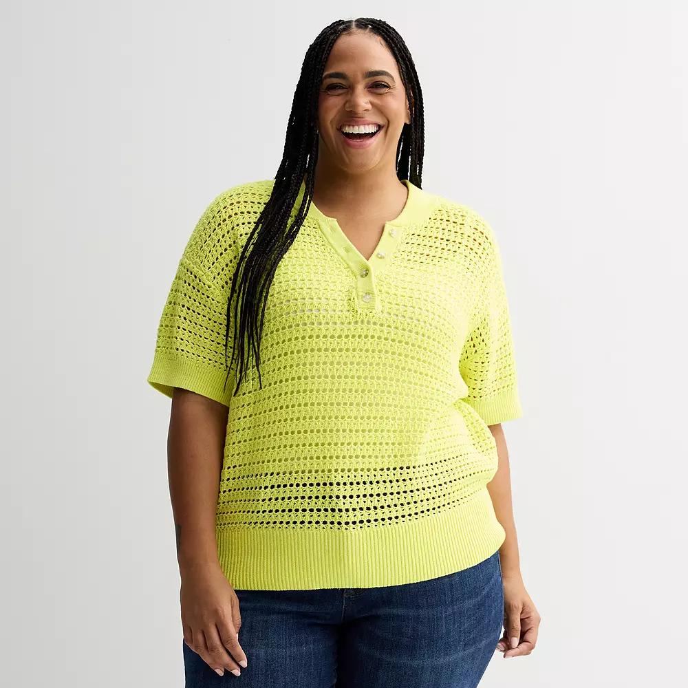 Plus Size Sonoma Goods For Life® Short Sleeve Henley Sweater, Women's, Size: 1XL, Yellow Daisy Product Image