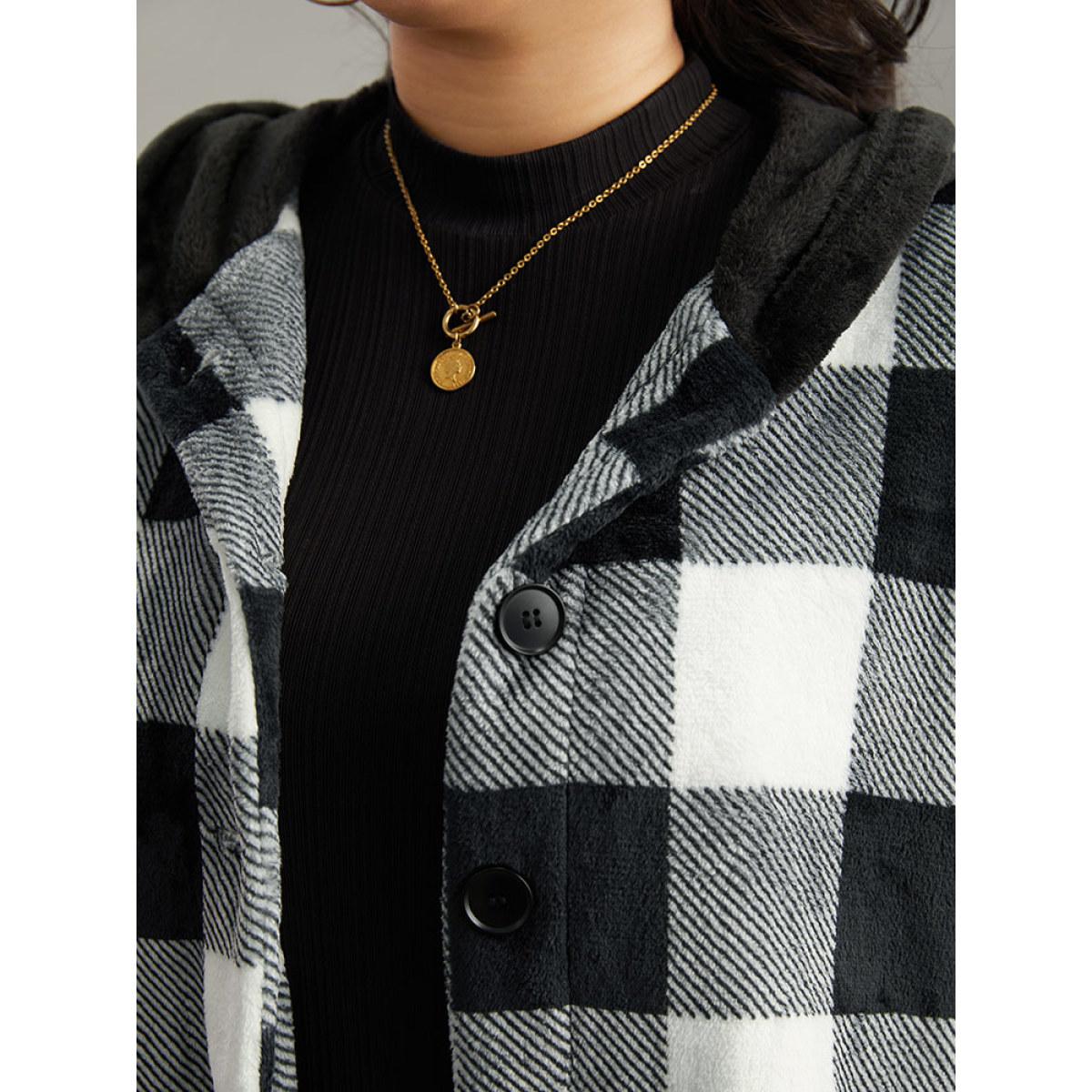Plus Size Plaid Button Through Patchwork Hooded Jacket Women Black Casual Contrast Ladies Dailywear Winter Coats BloomChic 14-16/1X Product Image