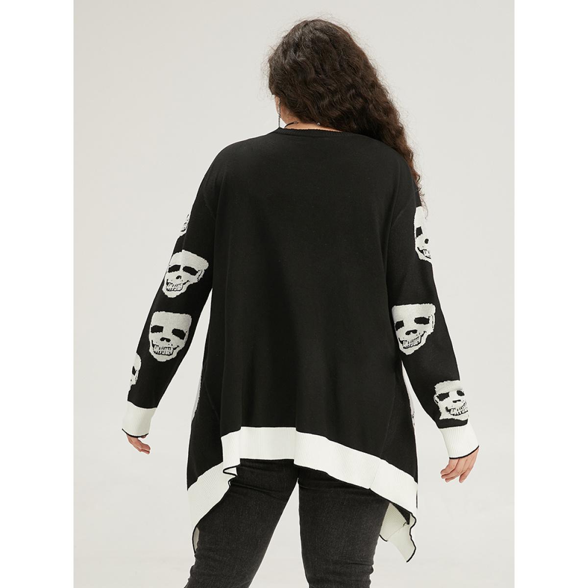 Plus Size Supersoft Essentials Halloween Skull Asymmetrical Hem Cardigan Black Women Casual Loose Long Sleeve Festival-Halloween Cardigans BloomChic 14-16/1X Product Image