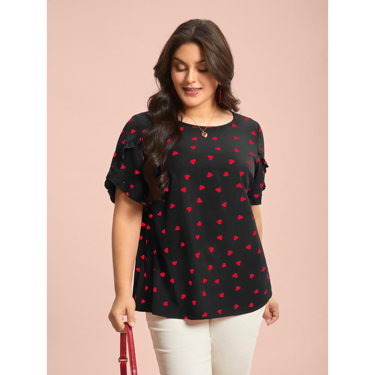 Plus Size Black Ruffled Overlap Sleeve Heart Pattern Blouse Women Elegant Short sleeve Round Neck Everyday Blouses BloomChic 28/5X Product Image