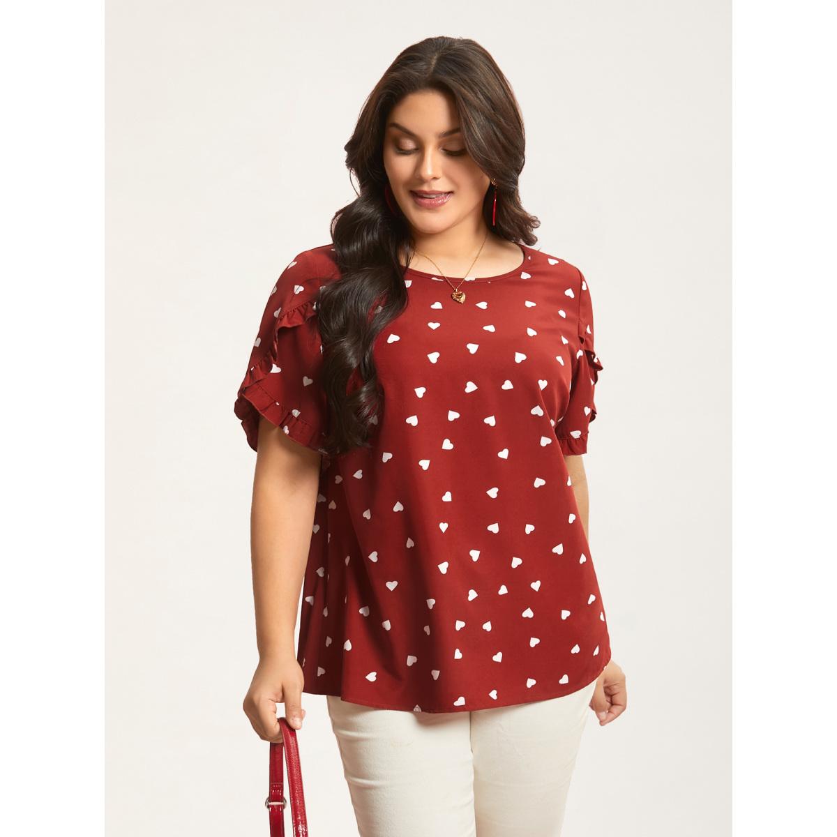 Plus Size Scarlet Ruffled Overlap Sleeve Heart Pattern Blouse Women Retro Short sleeve Round Neck Elegant Blouses BloomChic 26/4X Product Image