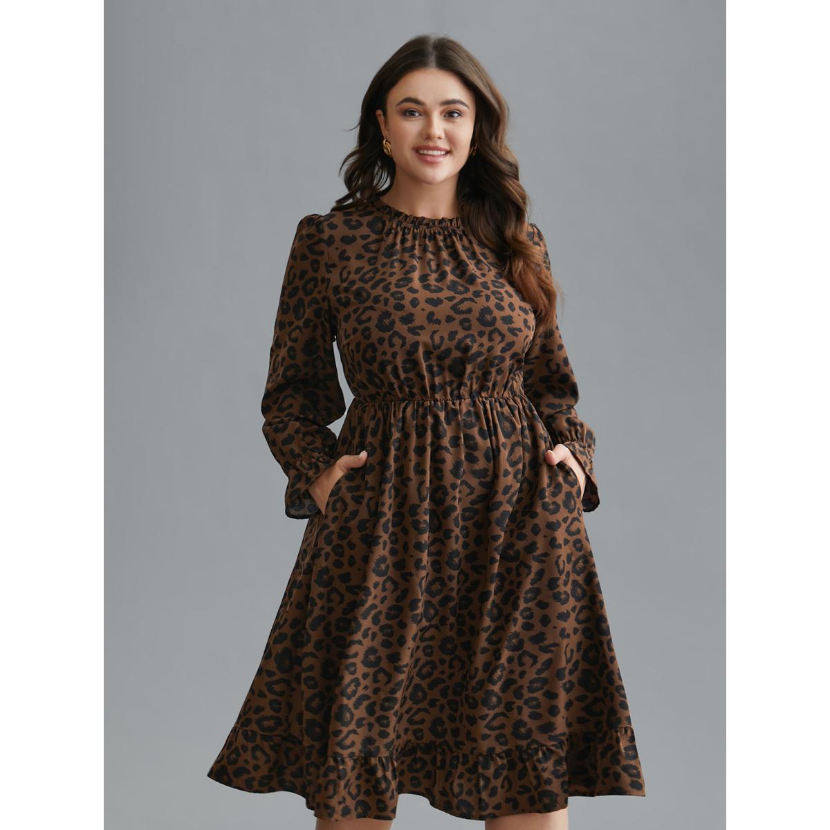 Plus Size Leopard Print Ruffles Mock Neck Elastic Waist Dress Browncoffeecolor Women Elegant Frill Trim Mock Neck Long Sleeve Curvy BloomChic 28/5X Product Image