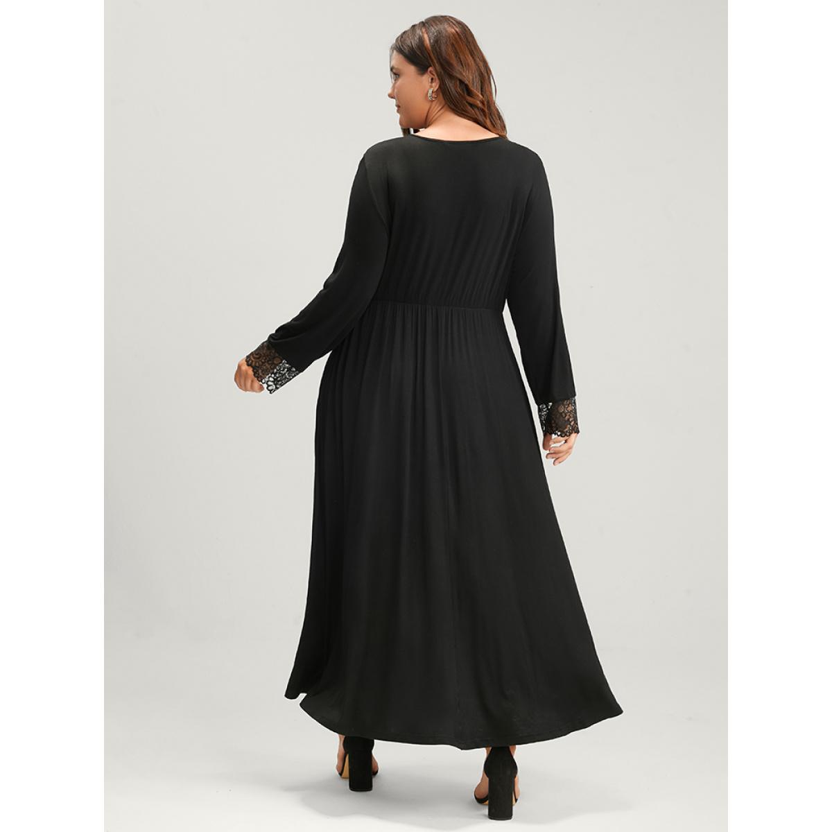 Plus Size Solid Lace Patchwork Pocket Wrap Maxi Dress Without Belt Black Women Elegant Lace V-neck Long Sleeve Curvy Long Dress BloomChic 14-16/1X Product Image