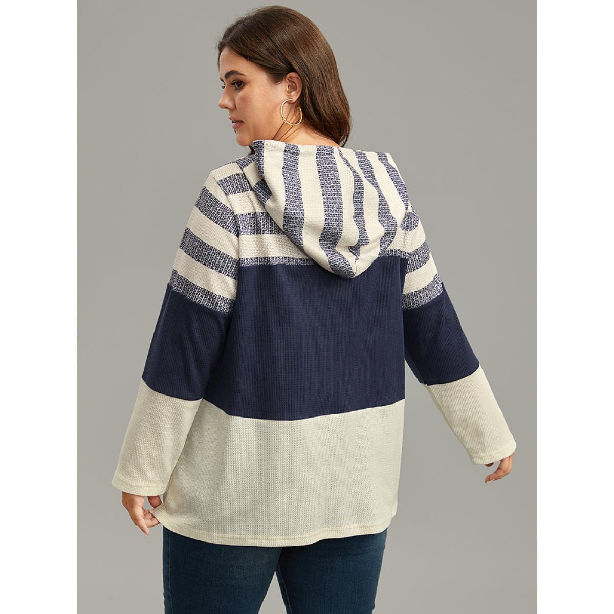 Plus Size Waffle Knit Striped Colorblock Hooded Sweatshirt Women Indigo Casual Contrast Hooded Dailywear Sweatshirts BloomChic 14-16/1X Product Image