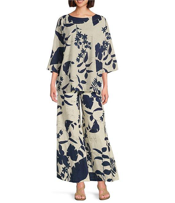 Bryn Walker Foglie Print Linen Blend Boat Neck 3/4 Sleeve Resort Coordinating Shirt Product Image