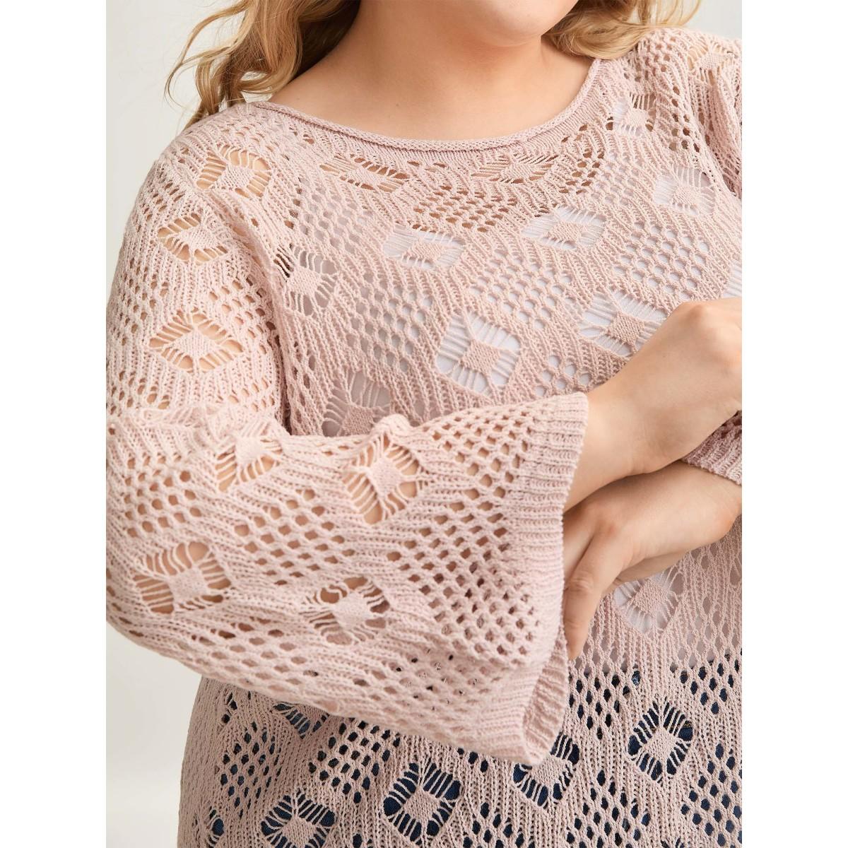 Plus Size Cut Out Textured Feel Pullover MistyRose Women Casual Loose Long Sleeve Round Neck Everyday Pullovers BloomChic 22-24/3X Product Image