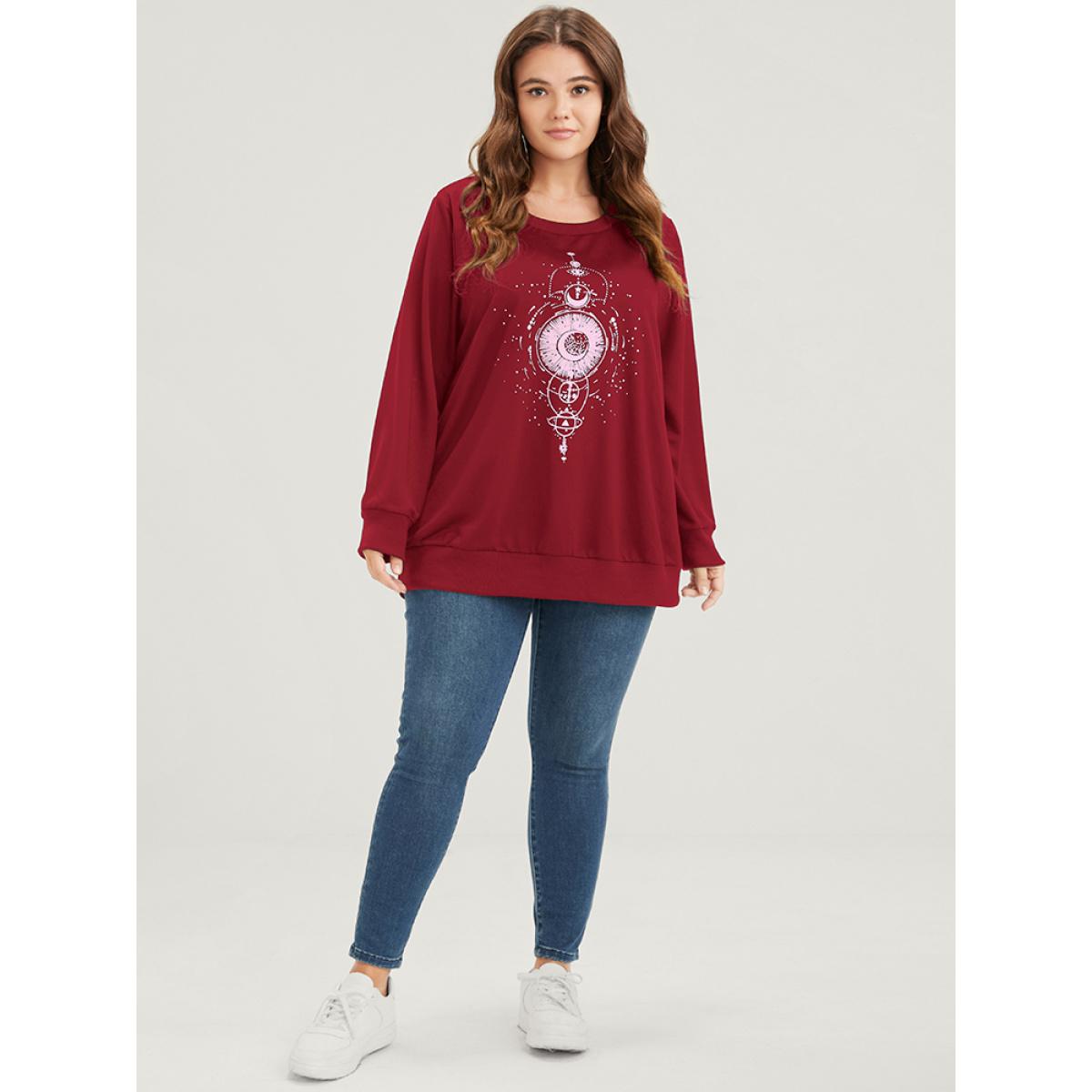 Plus Size Star Print Round Neck Drop Shoulder Sweatshirt Women Burgundy Casual Printed Round Neck Dailywear Sweatshirts BloomChic 26/4X Product Image