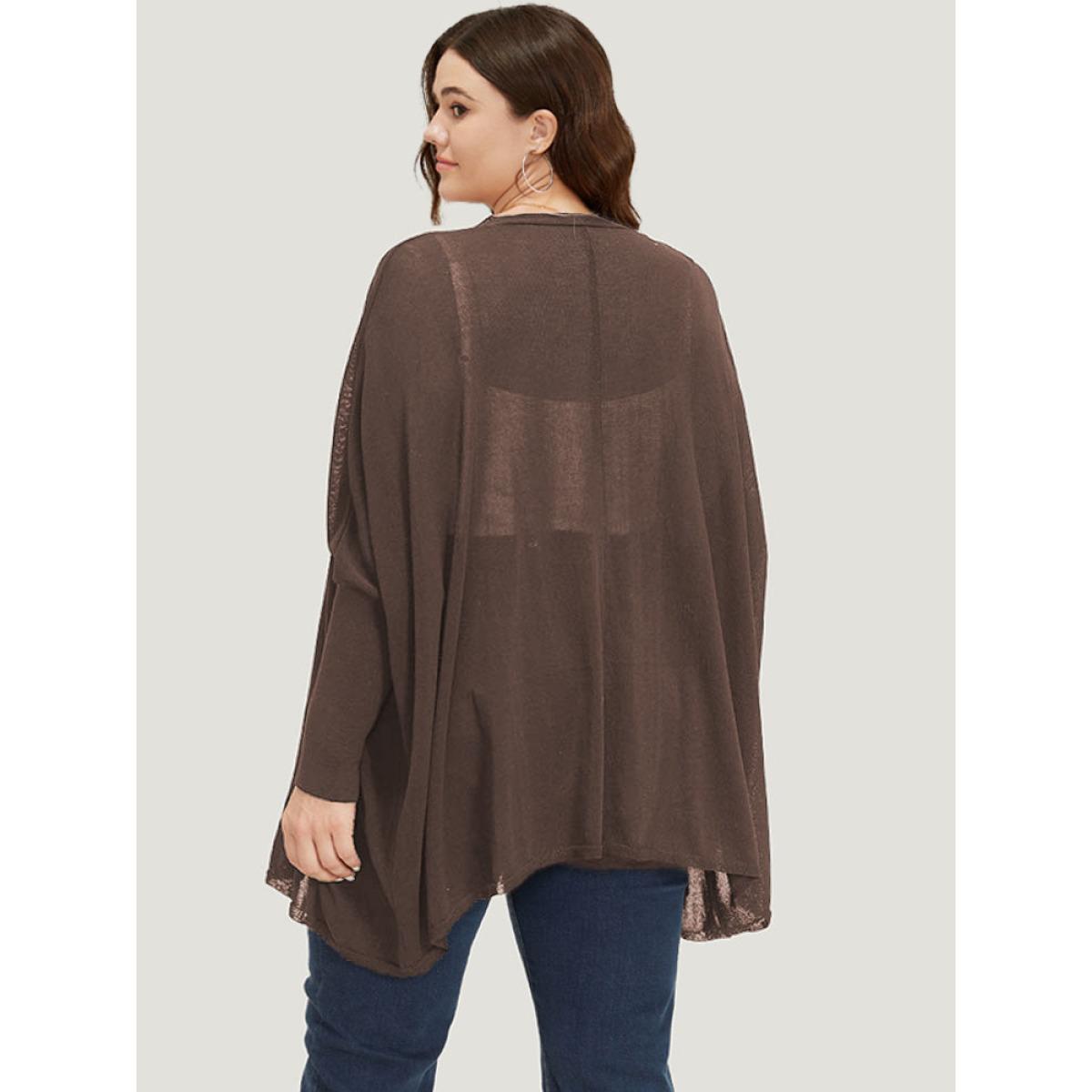 Plus Size Plain Open Front Batwing Sleeve Elastic Cuffs Cardigan DarkBrown Women Casual Loose Long Sleeve Everyday Cardigans BloomChic 12/L Product Image