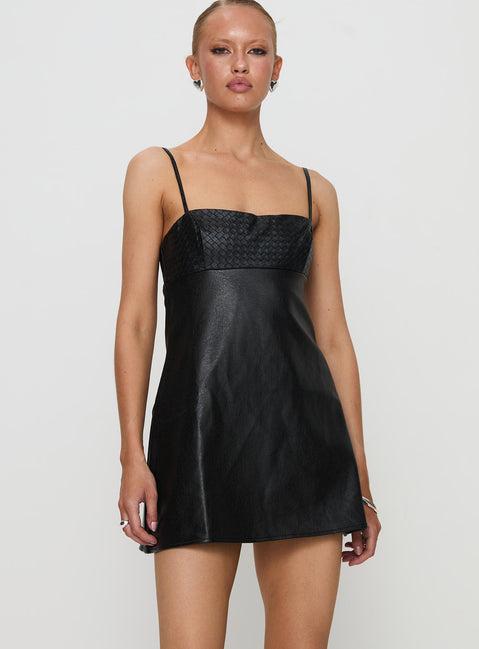 Isak Woven Faux Leather Mini Dress Black Product Image