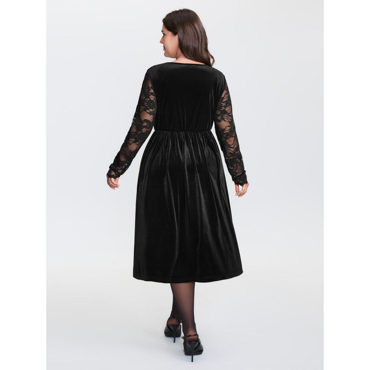 Plus Size Velvet Sheer Floral Lace Midi Dress Black Women Romantic Patchwork Deep V-neck Long Sleeve Curvy BloomChic 28/5X Product Image