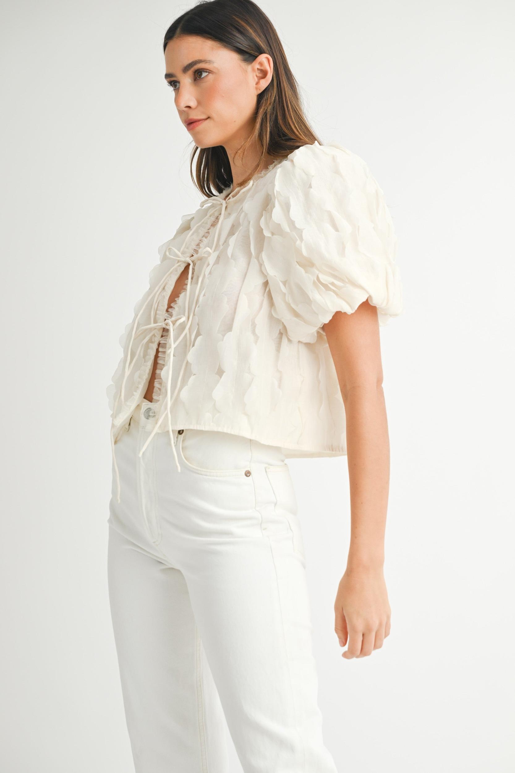 Textured Scallop Puff Sleeve Blouse Top Product Image