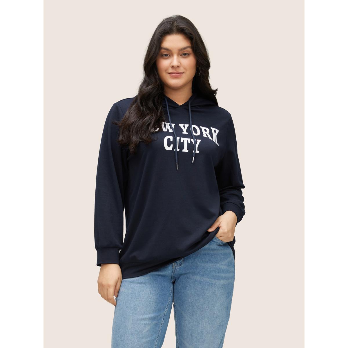 Plus Size Graphic Area Letter Hooded Sweatshirt Women Indigo Casual Non Everyday Sweatshirts BloomChic 22-24/3X Product Image