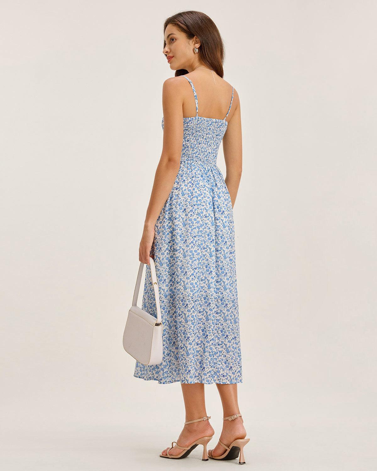 Blue Floral V Neck Shirred Slip Midi Dress Product Image