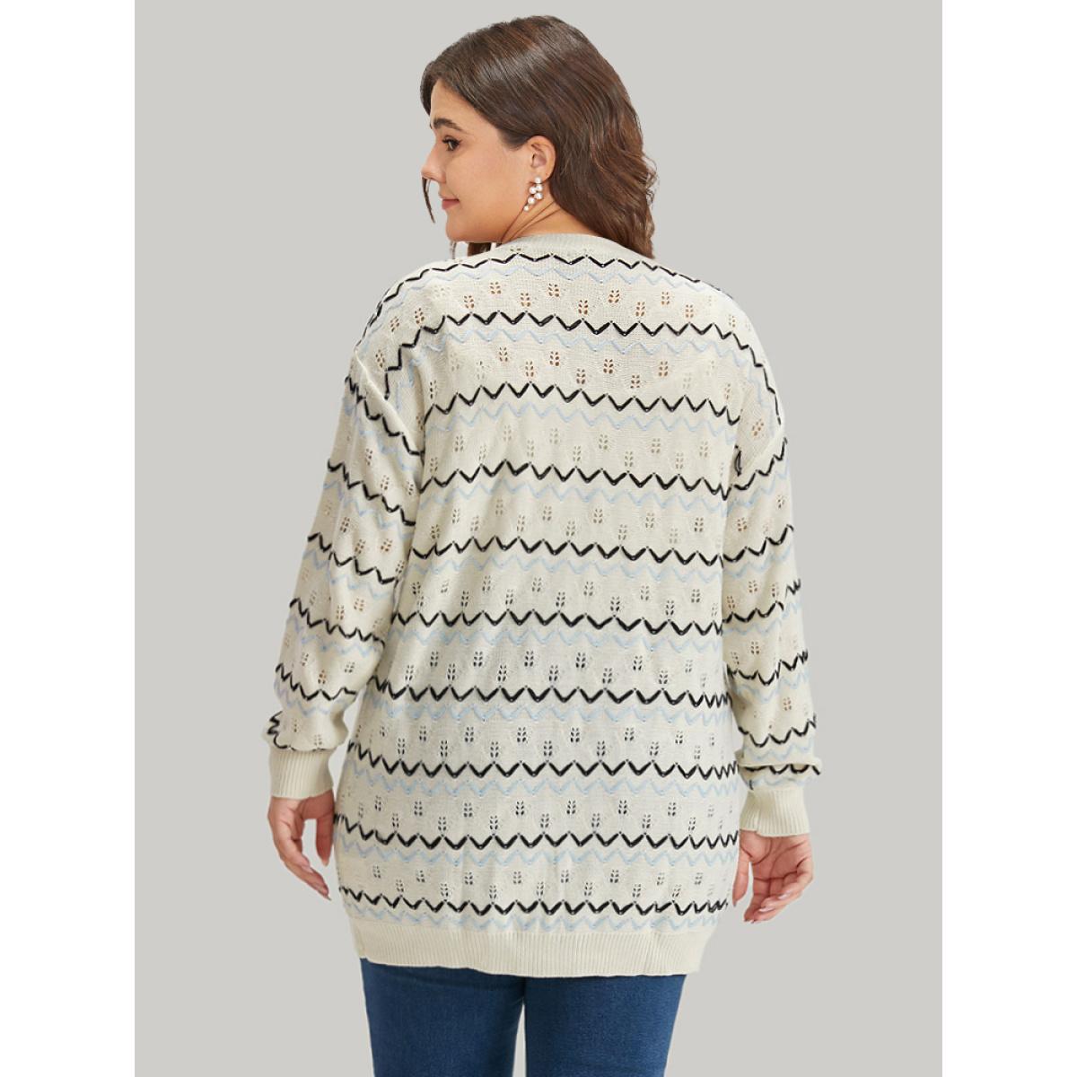 Plus Size UltraCool Wave Striped Eyelet Button Through Cardigan Beige Women Casual Loose Long Sleeve Everyday Cardigans BloomChic 26/4X Product Image