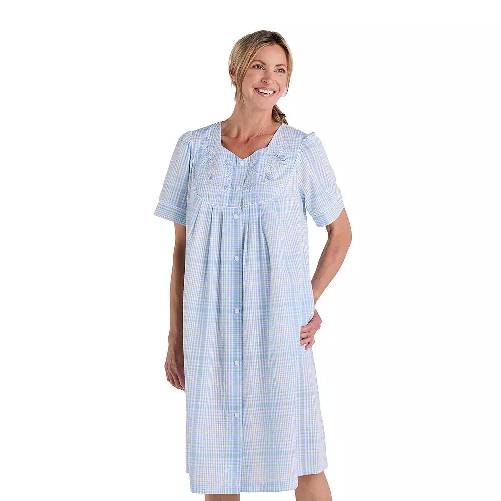 Women's Miss Elaine Essentials Seersucker Short Snap Robe, Size: Small, Blue Mint Check Product Image