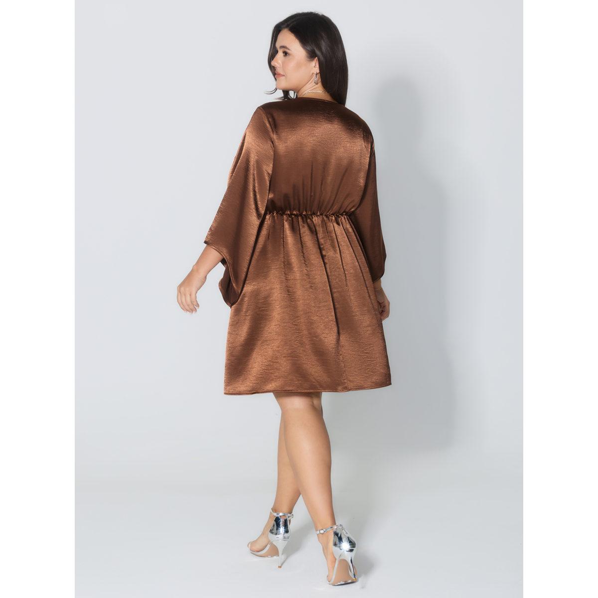 Plus Size Flared Sleeve Metal Detail Waistline Mini Dress Yellowishbrown Women Party&Cocktail Round Neck Extra Long Sleeve Curvy BloomChic 28/5X Product Image
