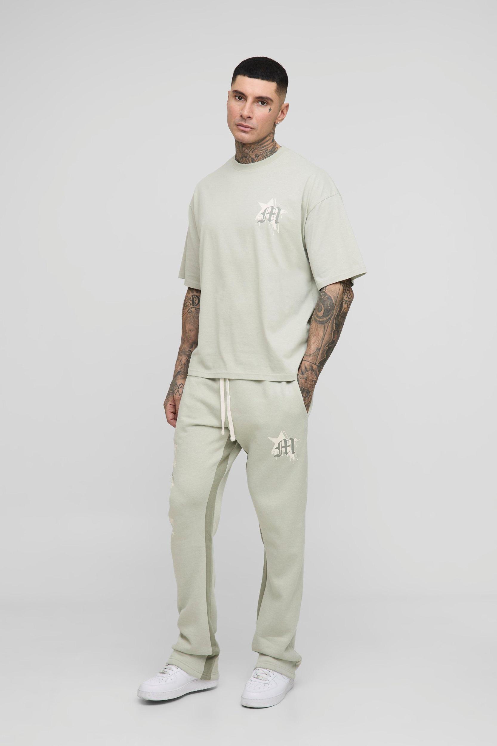 Tall Oversized Boxy Spray Paint Print T-Shirt & Slim Gusset Jogger Tracksuit | boohooMAN USA Product Image