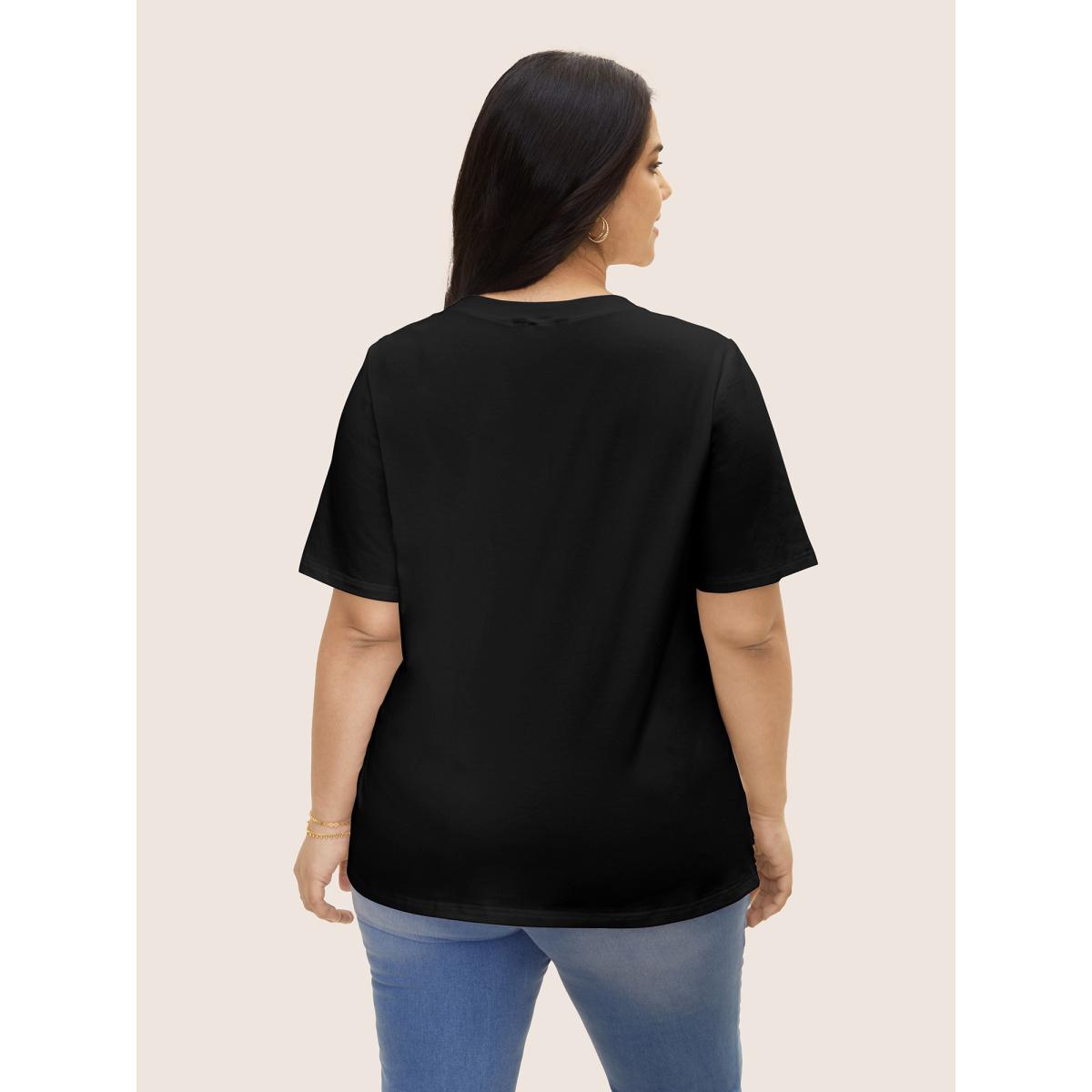 Plus Size Crew Neck Flower Lace Patchwork T-shirt Black Women Elegant Patchwork Round Neck Everyday T-shirts BloomChic 28/5X Product Image