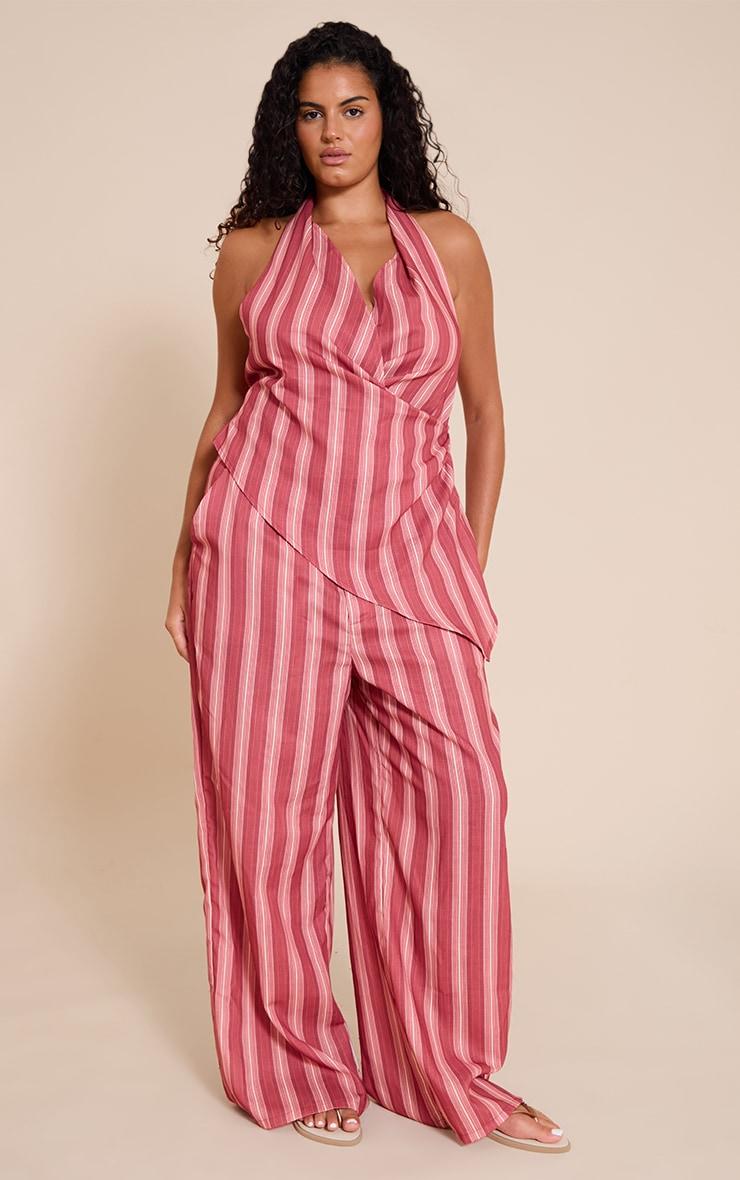Plus Red Pinstriped Wide Leg Pants Product Image