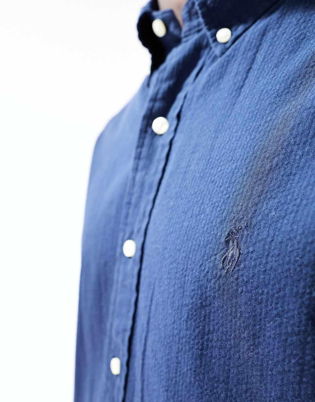 Polo Ralph Lauren icon logo short sleeve seersucker shirt in astoria navy Product Image