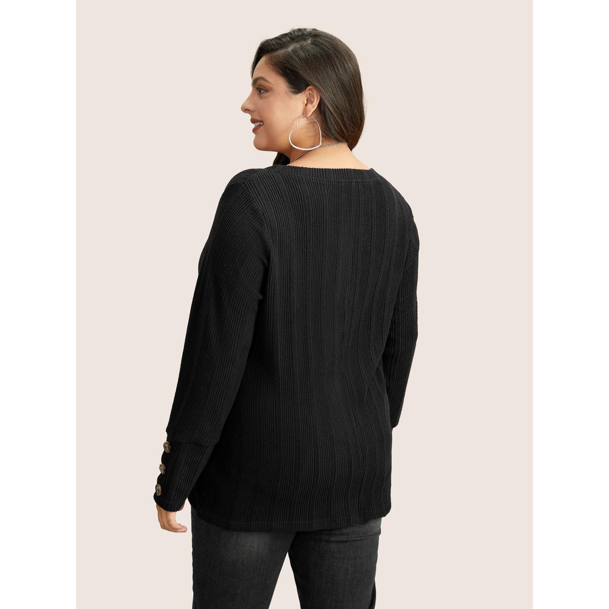 Plus Size Rib Knit V Neck Button Detail T-shirt Black Women Casual Non Plain V-neck Everyday T-shirts BloomChic 28/5X Product Image
