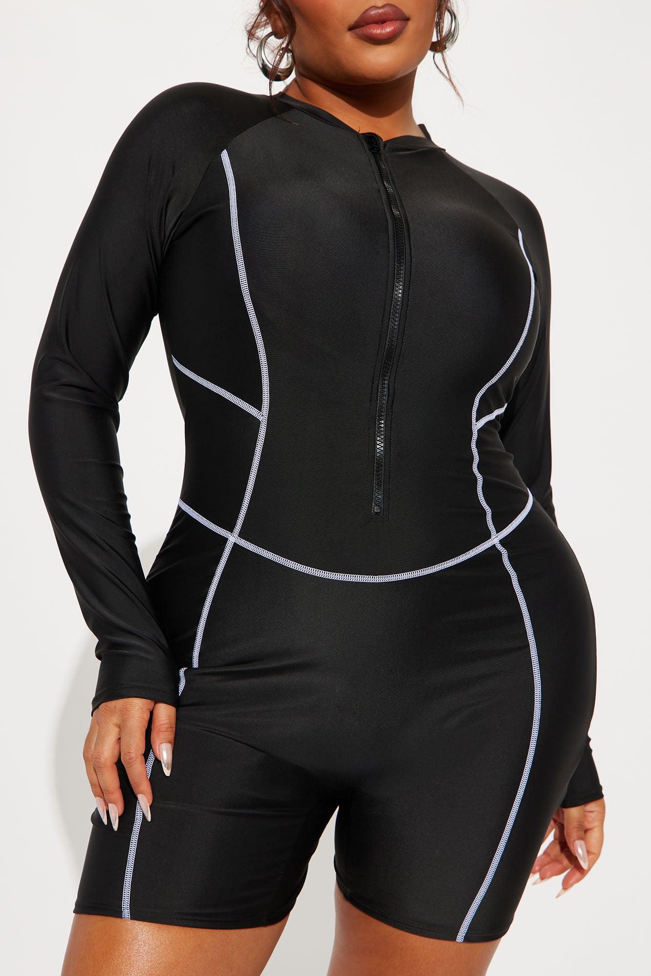Lisa Long Sleeve Boyshort 1 Piece Swimsuit Rashguard - Black/White Product Image