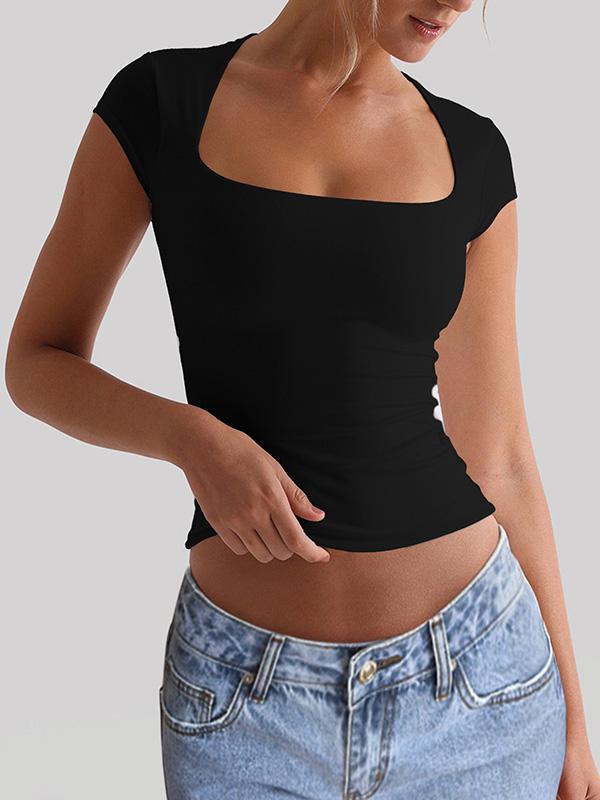 Short Sleeves Skinny Solid Color Square-Neck T-Shirts Tops Product Image