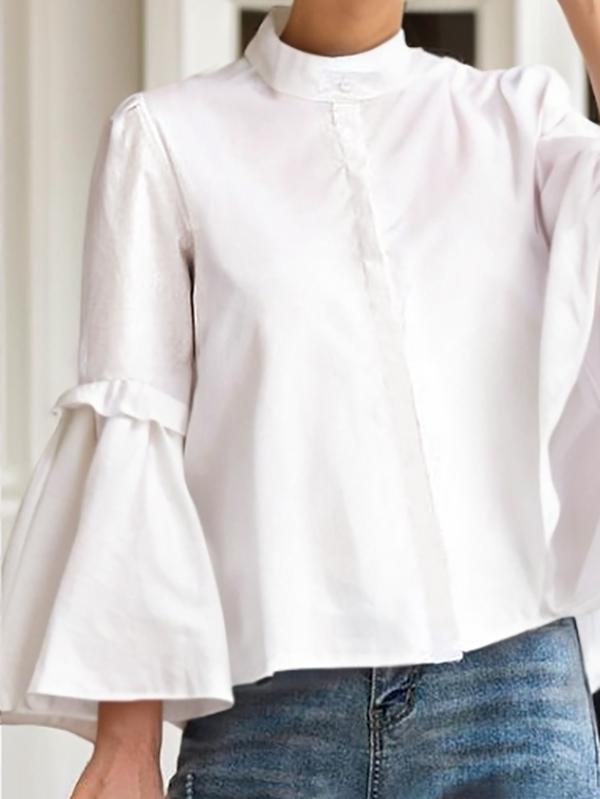 Flared Sleeves Long Sleeves Buttoned Pleated Solid Color Split-Joint Stand Collar Blouses&Shirts Tops Product Image