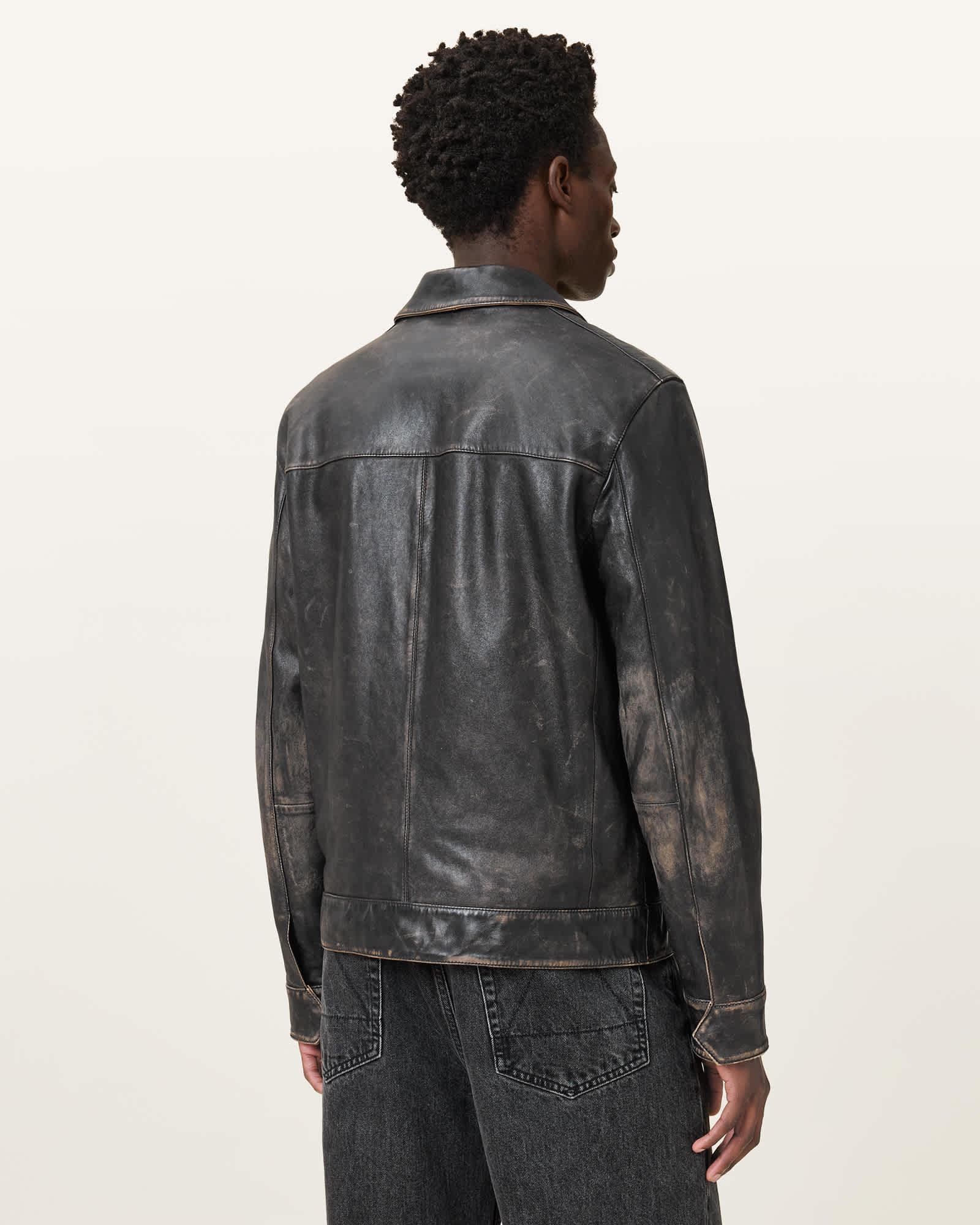 Alkan Zip Up Two Tone Leather Jacket Vintage Black | ALLSAINTS US Product Image