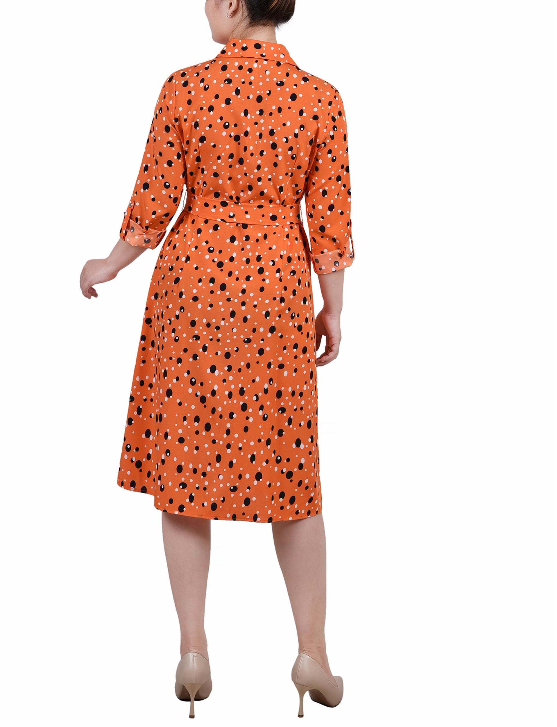 Cypress Inca Gold Navy Zigzag 3/4 Roll Tab Sleeve Belted Shirtdress - Petite Product Image