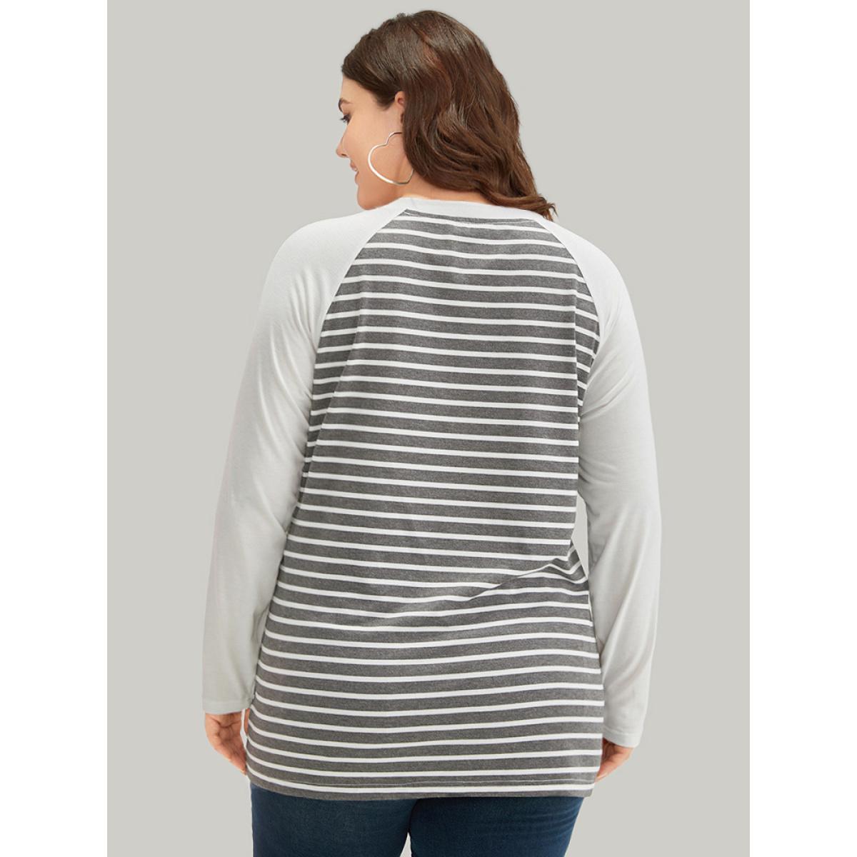 Plus Size Striped Patchwork Button Detail Raglan Sleeve T-shirt Gray Women Casual Patchwork Striped Round Neck Dailywear T-shirts BloomChic 12/L Product Image